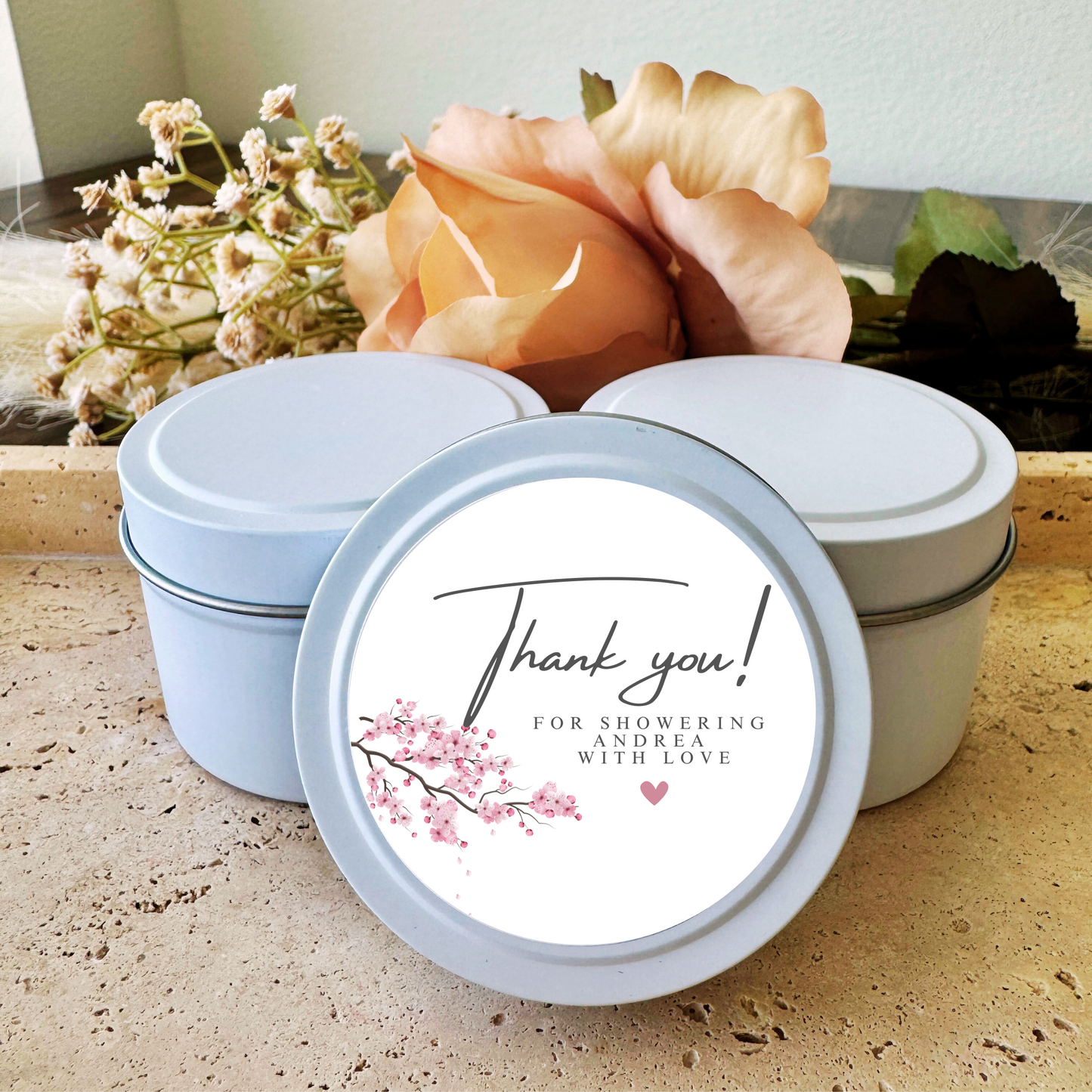 THANK YOU PINK FLORAL - WEDDING FAVORS - TIN CANDLE - SET OF 10 PC
