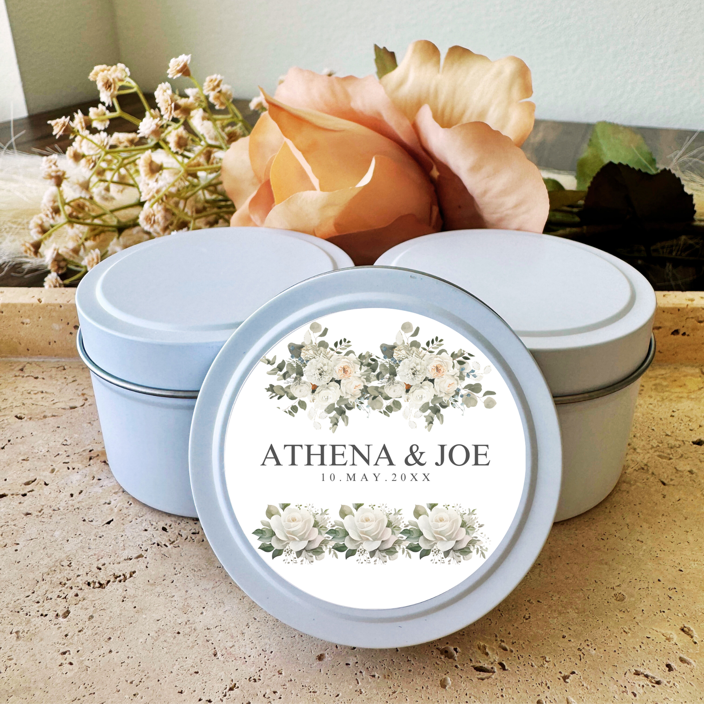WHITE FLORAL WEDDING FAVORS - TIN CANDLE - SET OF 10 PC