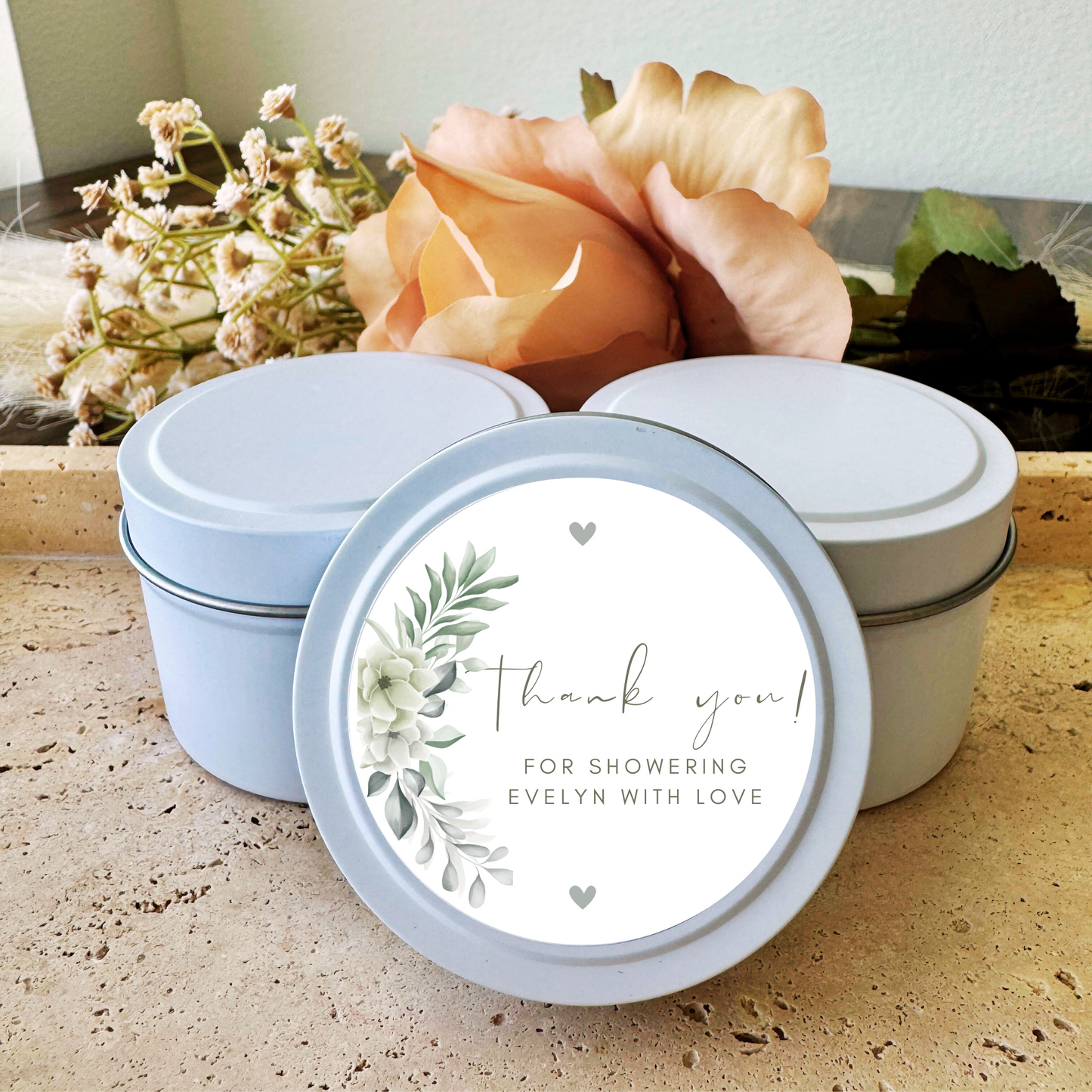 THANK YOU WHITE FLORAL - WEDDING FAVORS - TIN CANDLE - SET OF 10 PC